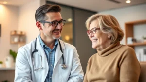 Professional doctor in white coat consulting with middle-aged patient in modern medical office, warm lighting, reassuring expression, contemporary healthcare setting