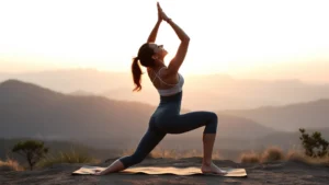 Woman in downward dog yoga pose on mountain overlook at sunrise, peaceful expression, natural lighting, serene mountain landscape background, athletic wear