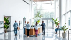 Modern hospital lobby with natural light, welcoming reception desk, diverse patients and staff members interacting warmly, contemporary architectural design with calming neutral tones and green plants creating peaceful healing environment