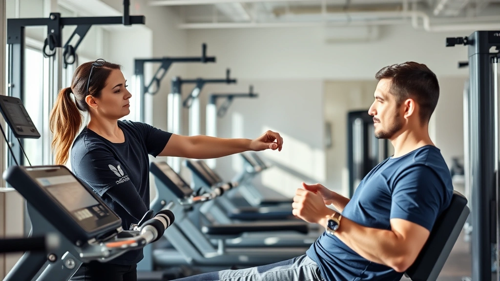 Professional physical therapist assisting patient with resistance training on machines in modern medical facility, showing proper form and engagement, bright natural lighting, focus on movement and technique