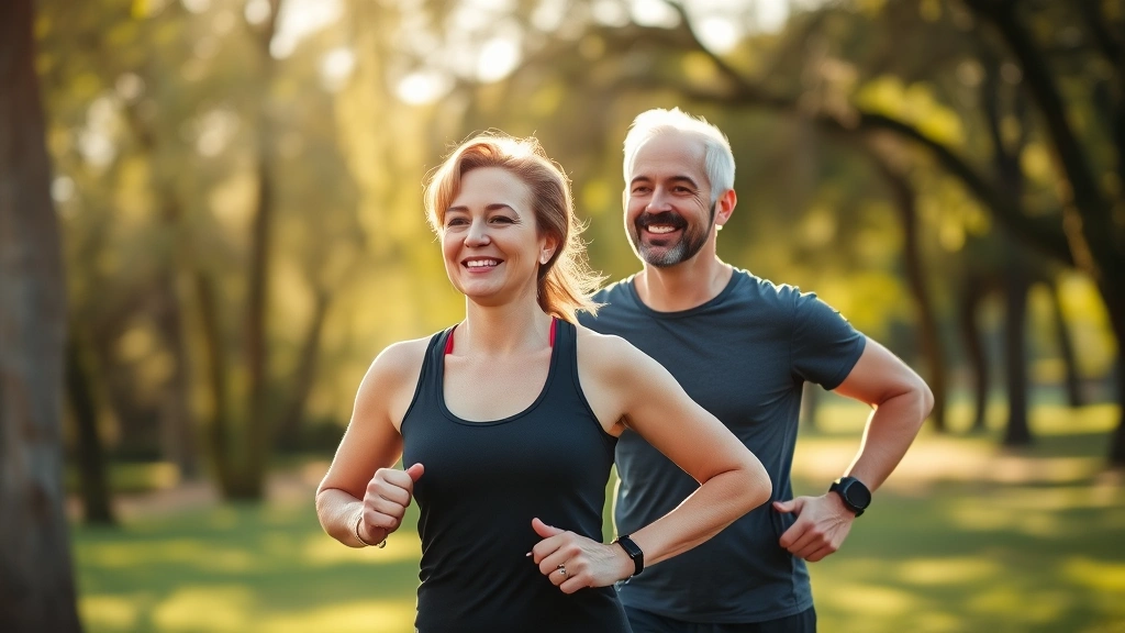 Middle-aged diverse couple exercising together outdoors in morning sunlight, smiling and energetic, professional athletic wear, natural park setting with trees