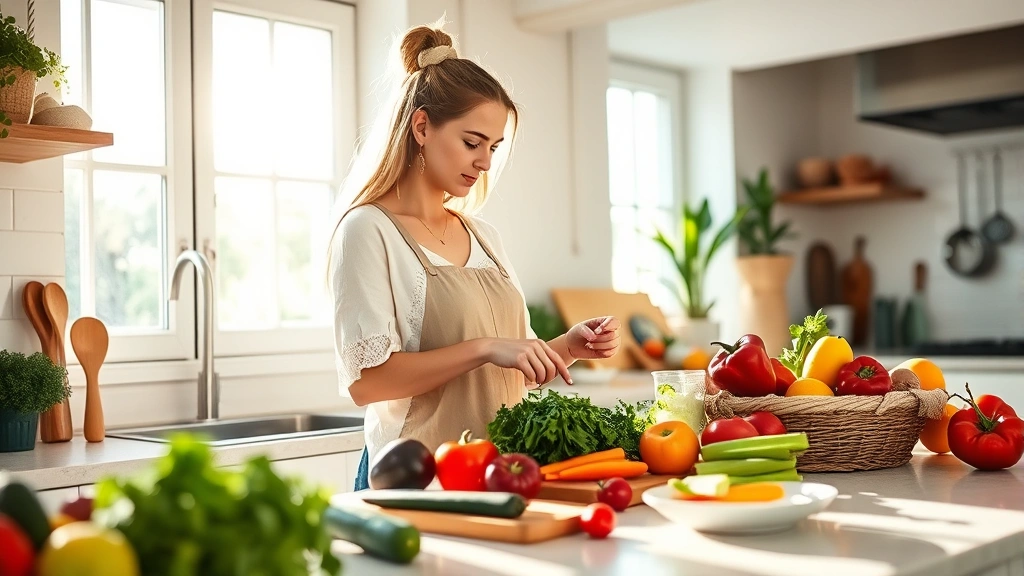 Woman in bright kitchen preparing colorful fresh vegetables and fruits, natural sunlight streaming through windows, healthy meal preparation lifestyle photography
