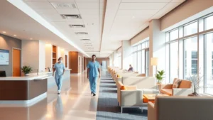 Modern hospital corridor with warm lighting, welcoming reception area, comfortable seating, healthcare professionals in scrubs walking purposefully, contemporary medical facility design, patient-friendly atmosphere, natural light streaming through windows, clean minimalist aesthetics