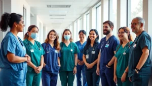 Diverse group of healthcare professionals in modern hospital corridor wearing scrubs, smiling and collaborating, natural lighting through windows, warm professional atmosphere
