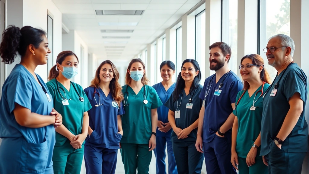 Diverse group of healthcare professionals in modern hospital corridor wearing scrubs, smiling and collaborating, natural lighting through windows, warm professional atmosphere
