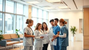 Modern medical clinic interior with warm lighting, diverse healthcare professionals in scrubs collaborating around a patient chart, comfortable waiting area with natural light streaming through windows