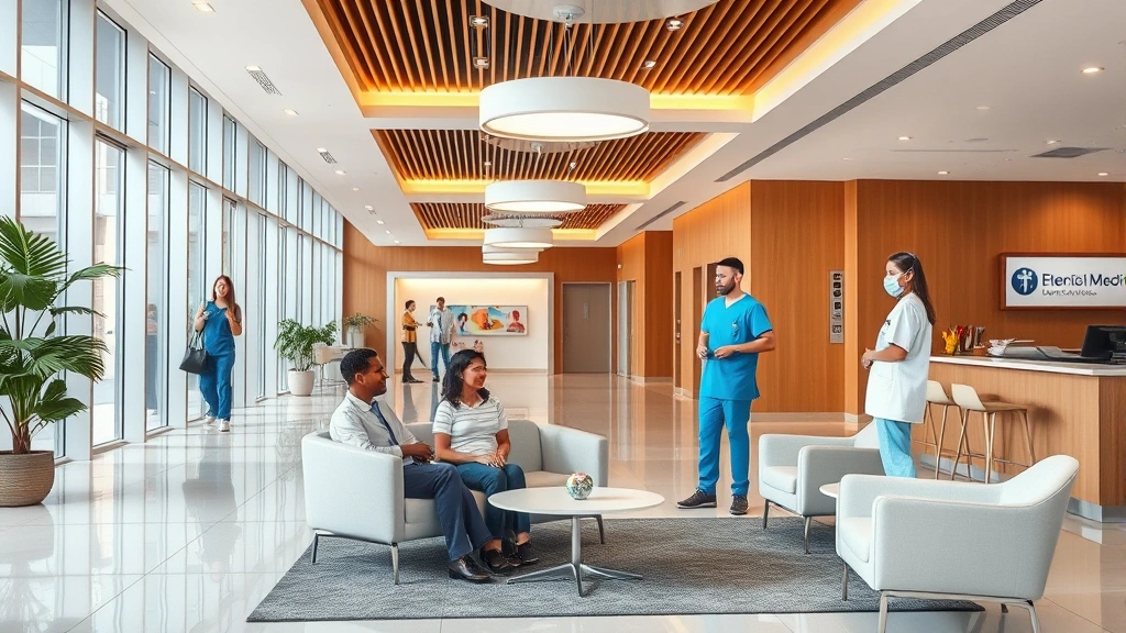 Modern medical facility interior with welcoming reception area, warm lighting, comfortable seating, diverse patients and professional healthcare staff in scrubs interacting warmly, contemporary healthcare environment