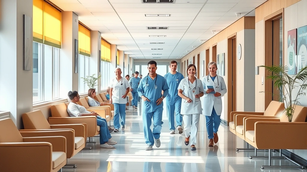 Modern hospital corridor with welcoming natural light, comfortable seating areas, diverse patients and healthcare professionals in scrubs walking confidently, clean bright environment with contemporary design and healing atmosphere