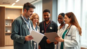 Professional diverse medical team in modern clinic discussing patient care plan with warm lighting and contemporary healthcare setting