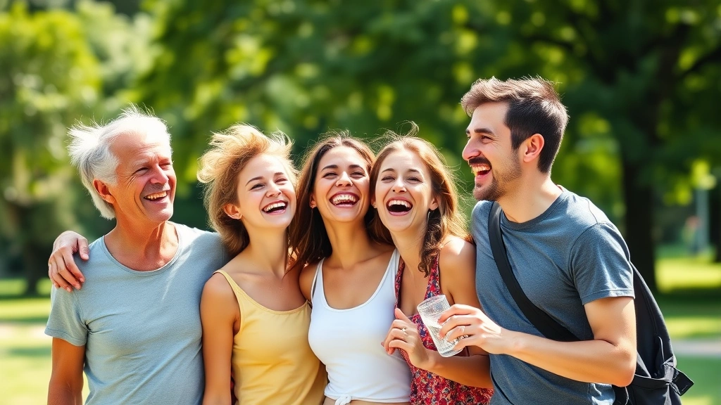 Diverse family laughing together outdoors on sunny day, active lifestyle, colorful clothing, green park background, genuine happiness, natural lighting, vibrant wellness moment