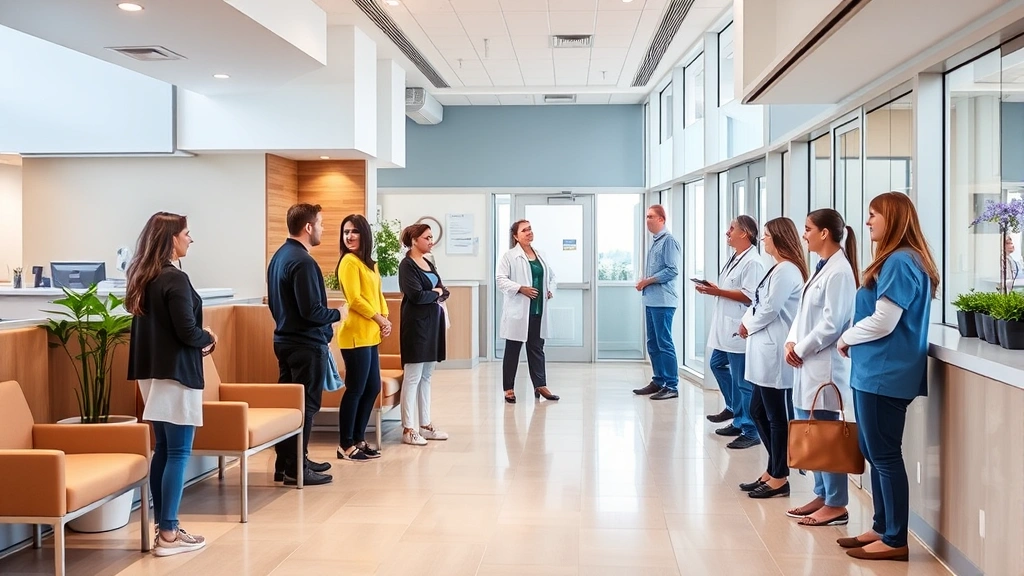 Modern medical facility interior with welcoming reception area, comfortable seating, natural lighting, diverse healthcare staff in professional attire greeting patients warmly