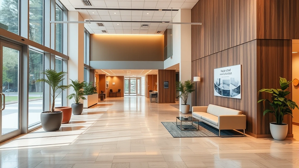 Modern medical facility lobby with warm lighting, comfortable seating, natural elements, plants, contemporary architecture, welcoming atmosphere, clean professional environment
