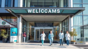 Modern medical facility exterior with welcoming entrance, patients and healthcare workers walking, bright daylight, glass and contemporary architecture, professional healthcare environment