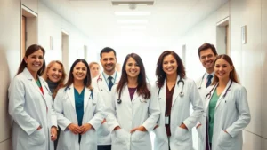 Diverse group of healthcare professionals in white coats smiling in modern hospital hallway, warm natural lighting, professional wellness environment