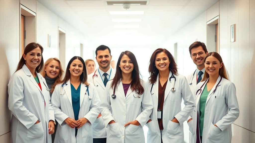Diverse group of healthcare professionals in white coats smiling in modern hospital hallway, warm natural lighting, professional wellness environment