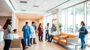 Modern medical facility interior with bright natural lighting, comfortable waiting area with contemporary furniture, diverse patients and healthcare providers in professional attire collaborating in clean, welcoming environment