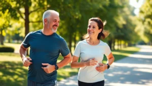 Middle-aged couple jogging together in a sunny park with lush green trees, both smiling, wearing athletic wear, natural morning light creating warm tones, photorealistic lifestyle photography