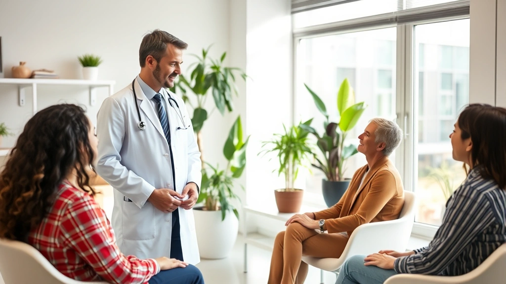 Modern medical professional in white coat consulting with diverse patient in bright, welcoming clinical office with natural light, plants, and contemporary healthcare setting, warm and professional atmosphere