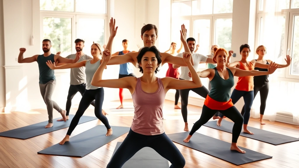 Diverse group in yoga studio practicing warrior pose together, bright natural light through windows, wooden floor, calm focused expressions, peaceful atmosphere