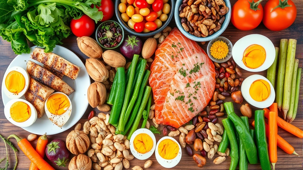 Colorful array of protein-rich foods including grilled chicken breast, salmon fillet, eggs, legumes, nuts and fresh vegetables arranged on wooden table, natural daylight, appetizing presentation emphasizing nutrition