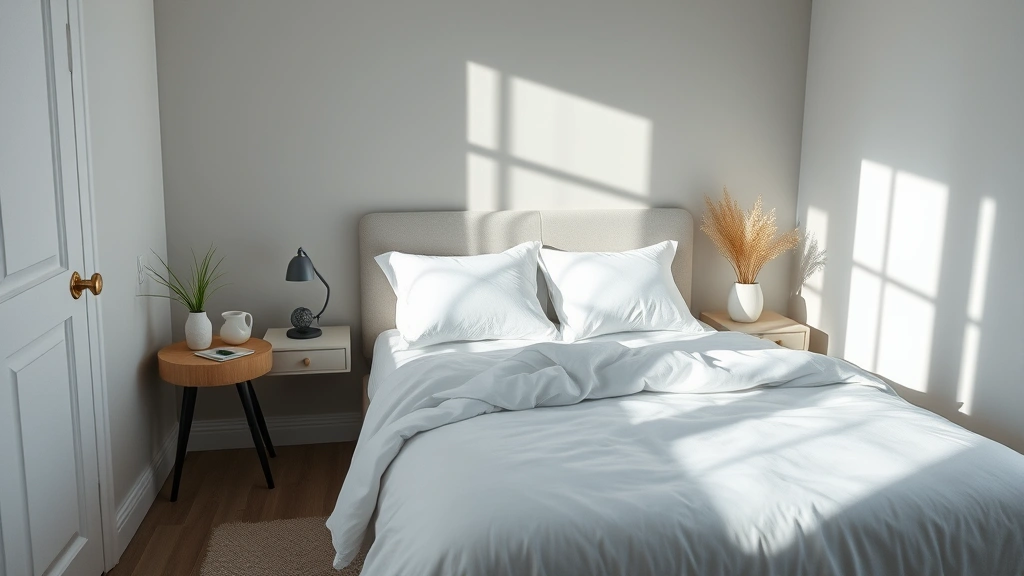 Peaceful bedroom scene with soft natural light, neatly made bed with white linens, minimal decor, cool color palette, serene and calming atmosphere for quality sleep