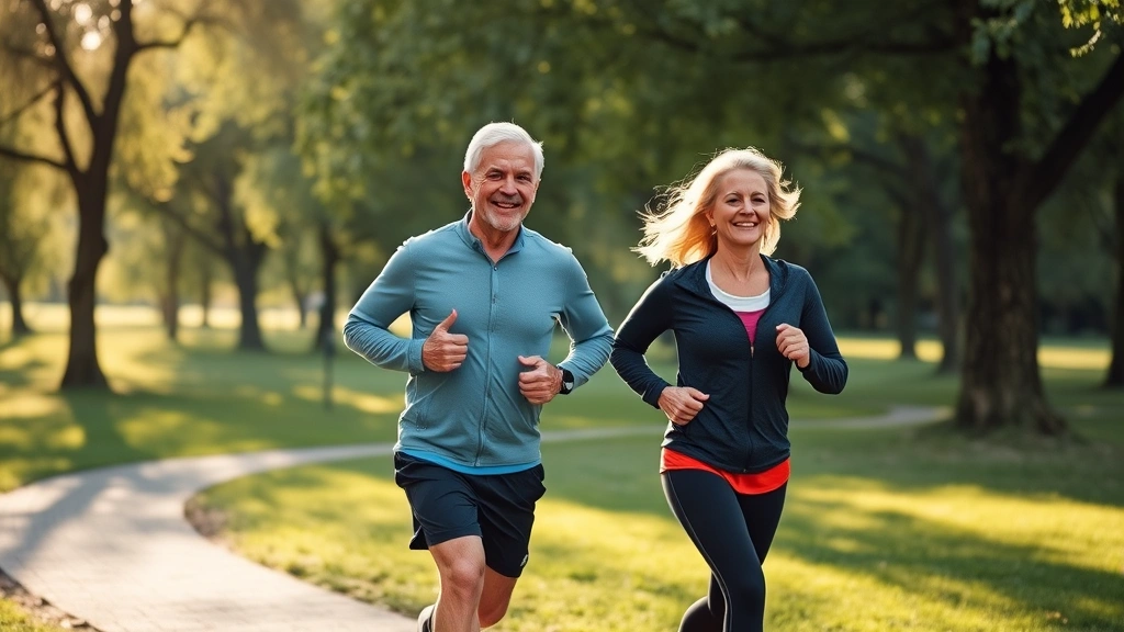 Active mature couple jogging together in scenic park with trees, morning sunlight, athletic wear, genuine smiling faces, outdoor fitness lifestyle