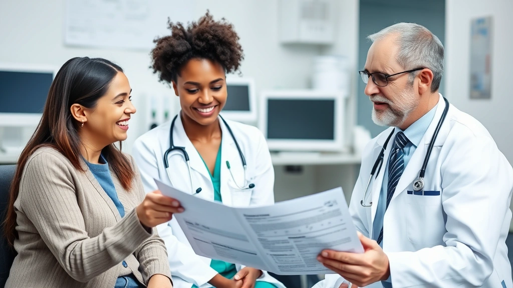 Compassionate physician consultation room, doctor and patient reviewing medical chart together, warm conversational body language, professional yet comfortable environment, medical technology visible in background, trust and expertise evident, diverse healthcare team collaboration moment
