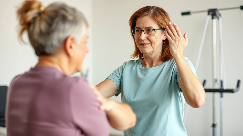 Middle-aged woman in physical therapy session with therapist, performing rehabilitation exercises, bright clinical setting with modern equipment visible, expressions of determination and progress