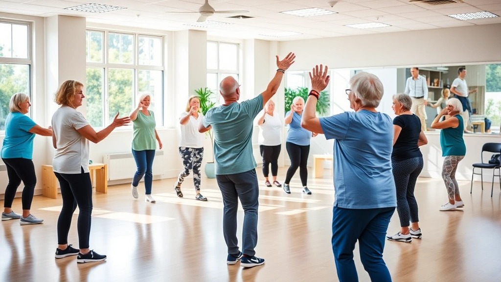 Patients exercising in a bright fitness studio during a group wellness class, instructor leading diverse age groups through low-impact movements, motivational atmosphere with healthy lifestyle imagery