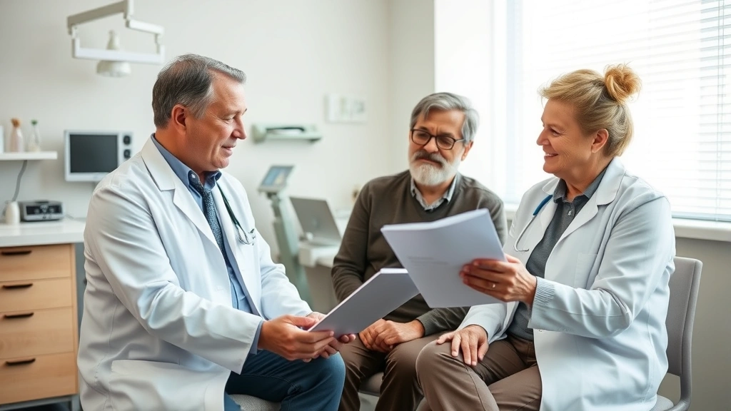 Physician in white coat consulting with middle-aged patient in comfortable clinical setting, reviewing medical chart together, warm professional interaction, bright modern examination room with medical equipment