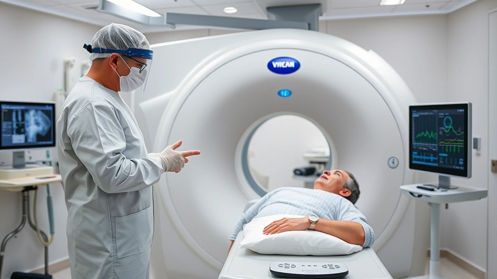 State-of-the-art medical imaging room with advanced CT scanner equipment, professional technician in protective gear explaining procedure to calm patient, modern diagnostic technology with digital displays and clinical precision