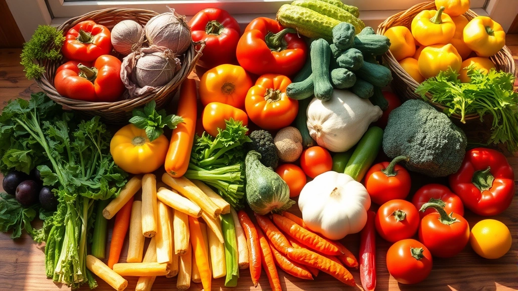 Vibrant colorful fresh vegetables and whole foods arranged on wooden table with natural sunlight creating healthy nutrition lifestyle scene