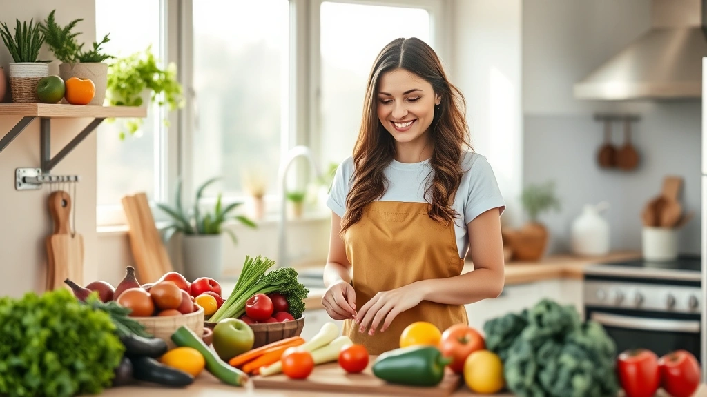 Woman in bright kitchen preparing fresh colorful vegetables and fruits, natural sunlight streaming through windows, healthy meal prep, fresh produce, wooden cutting board, modern healthy lifestyle