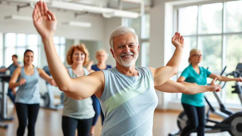 Active patients in bright fitness facility participating in group exercise class, smiling and engaged, modern equipment visible, wellness-focused atmosphere