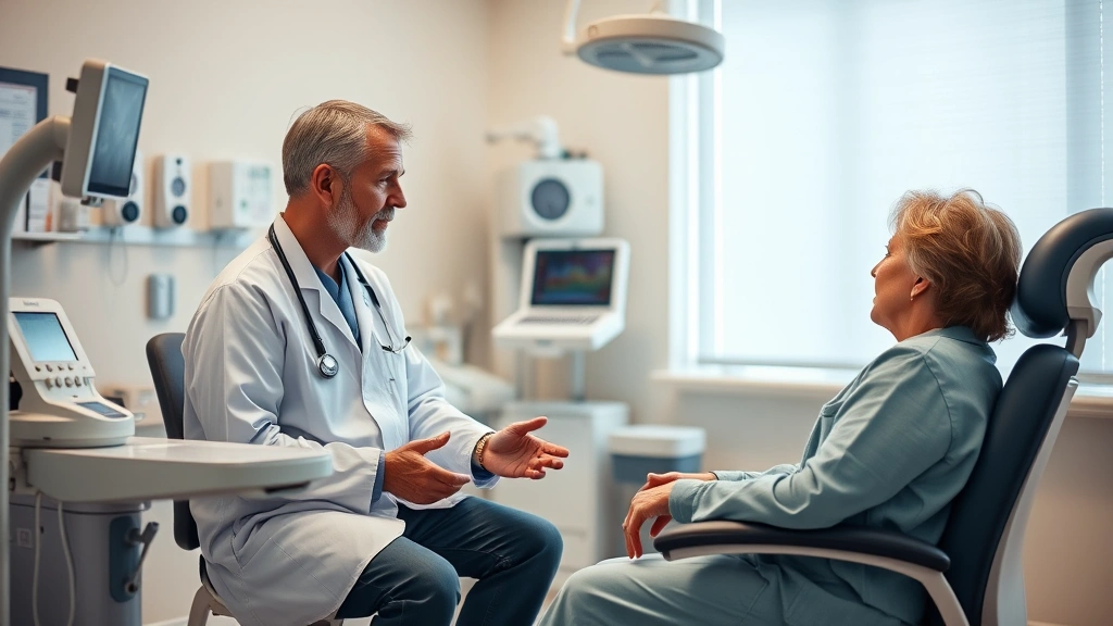 Healthcare professional consultating with patient in well-lit examination room, modern medical equipment, compassionate care moment, professional yet comfortable setting