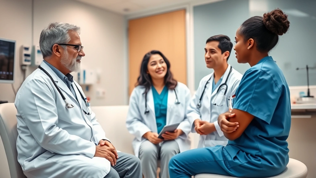 Diverse healthcare team in clinical consultation room, doctors and nurses collaborating, patient discussion, warm lighting, modern medical equipment visible, compassionate care setting
