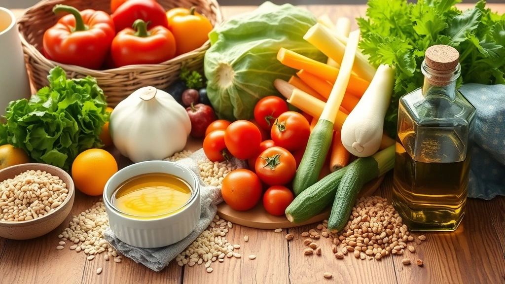 Colorful fresh vegetables and whole grains on wooden table with Mediterranean olive oil, healthy meal preparation setting, bright natural daylight
