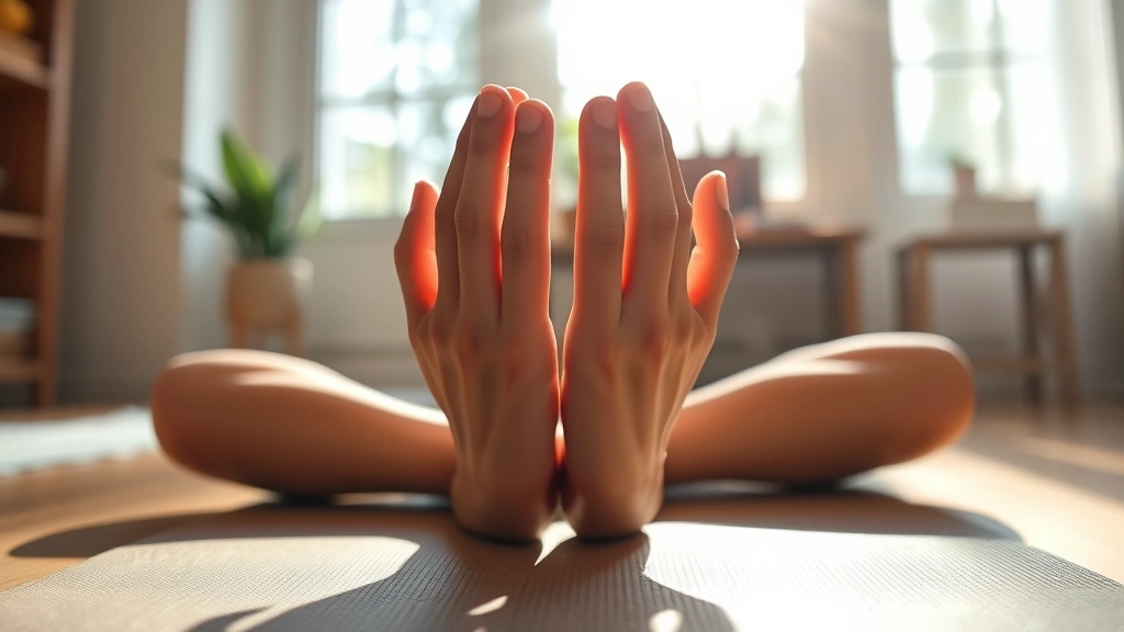 Close-up of hands in meditation pose on yoga mat, morning sunlight streaming through windows, peaceful home studio setting, zen aesthetic, natural tones