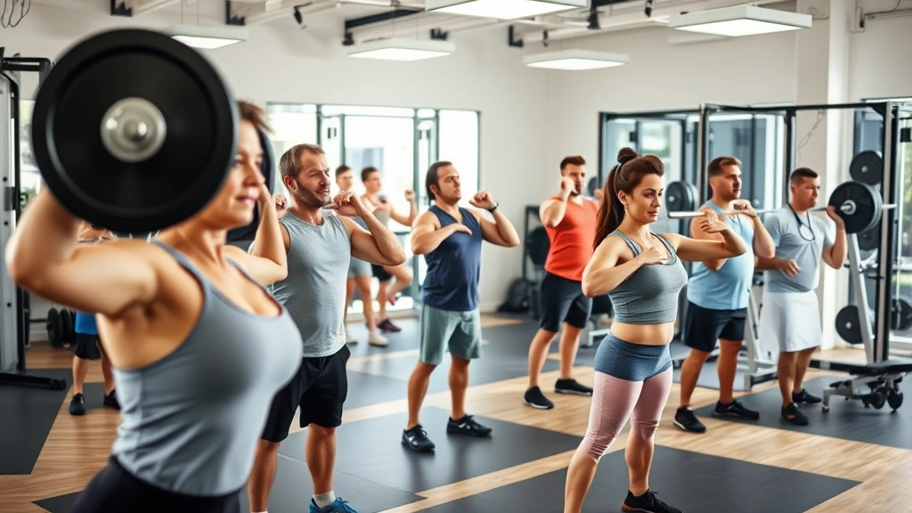 Diverse group of adults performing strength exercises in well-equipped fitness facility with medical supervision, showing proper form during deadlifts and squats, encouraging and professional atmosphere, varied ages and body types