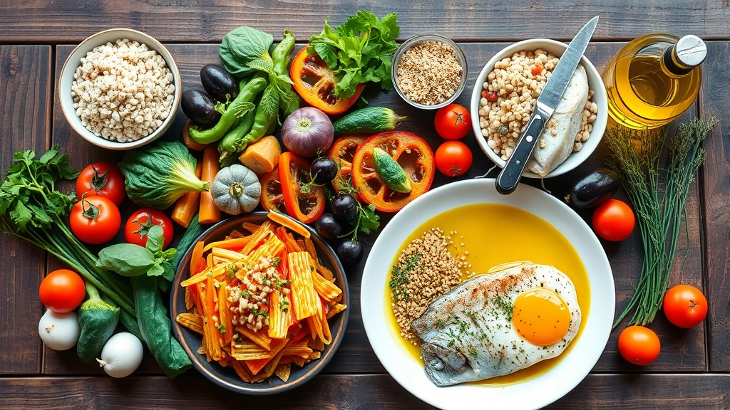 Colorful Mediterranean-style meal spread on wooden table with fresh vegetables, whole grains, olive oil, fish, herbs, natural daylight, appetizing and healthy presentation