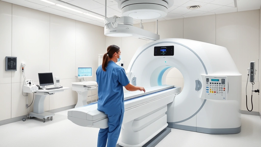 State-of-the-art medical imaging room, advanced diagnostic equipment, healthcare technician operating modern MRI or CT scanner, clean clinical environment, patient comfort features visible, cutting-edge technology showcasing medical innovation and precision care capabilities