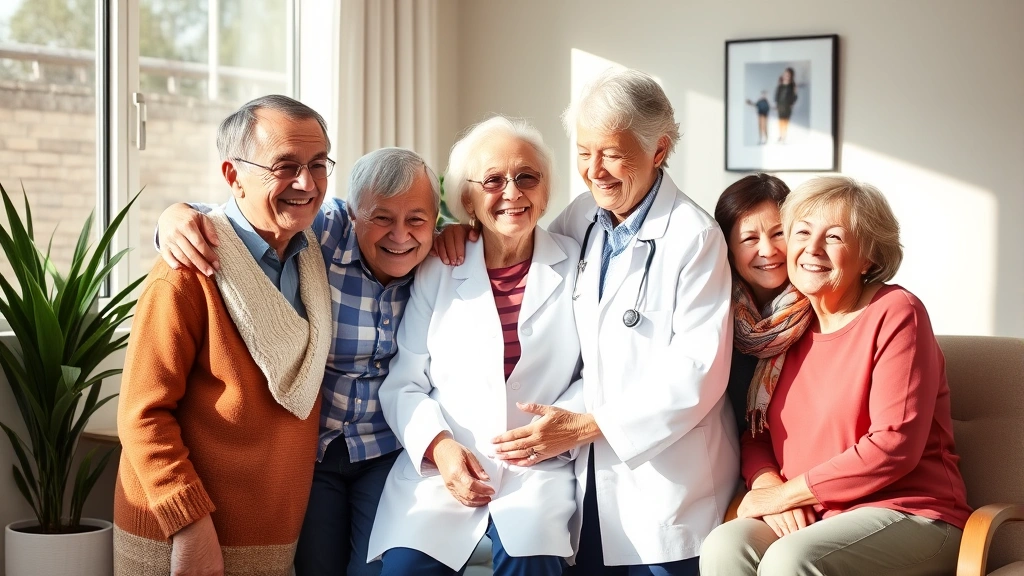 Multigenerational family celebrating health milestone with female doctor in white coat, warm embrace in comfortable clinic consultation room, natural sunlight, genuine happiness and gratitude