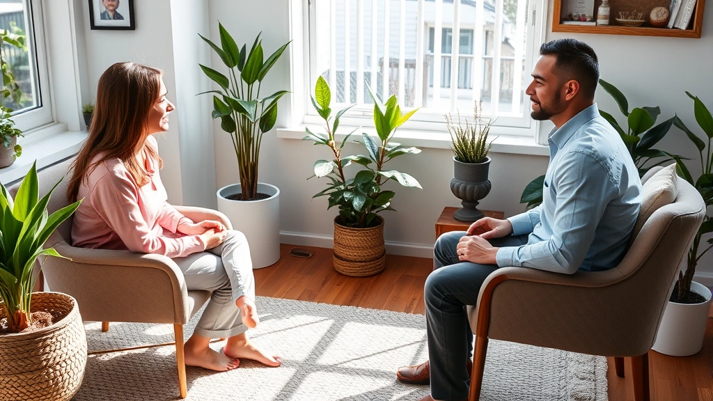 Mental health counselor in peaceful office session with patient, comfortable seating arrangement, plants and natural light, compassionate therapeutic environment representing integrated behavioral health care