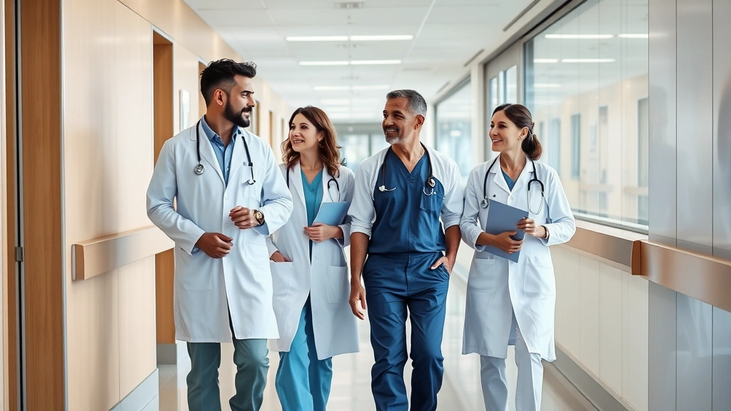 Diverse healthcare team collaborating in modern hospital corridor, doctors and nurses walking together discussing patient care, professional medical environment with contemporary architecture and natural lighting
