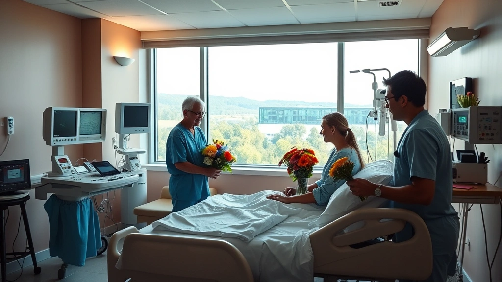 Peaceful patient recovery room with comfortable bed, large window showing natural landscape view, family members visiting with flowers, modern medical monitors, warm lighting creating therapeutic healing environment
