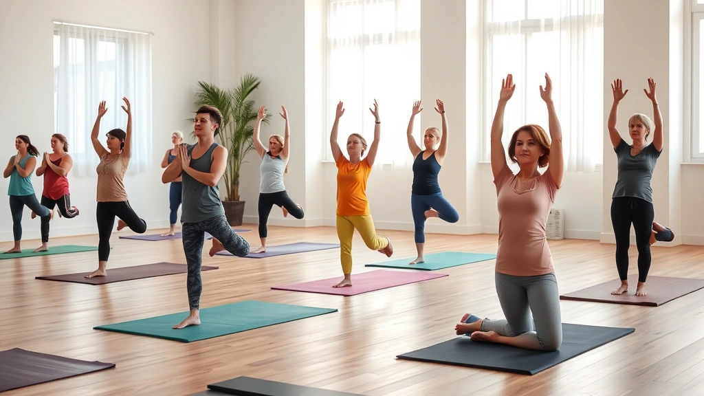 People of various ages doing yoga on mats in peaceful studio with soft natural light, calm expressions, wellness practice, stretching poses, serene atmosphere, inclusive fitness community