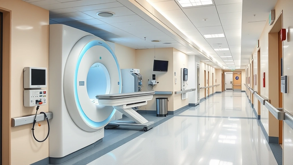 State-of-the-art hospital corridor with advanced diagnostic imaging equipment visible, clean bright hallways, modern medical technology, accessible design features, professional healthcare environment