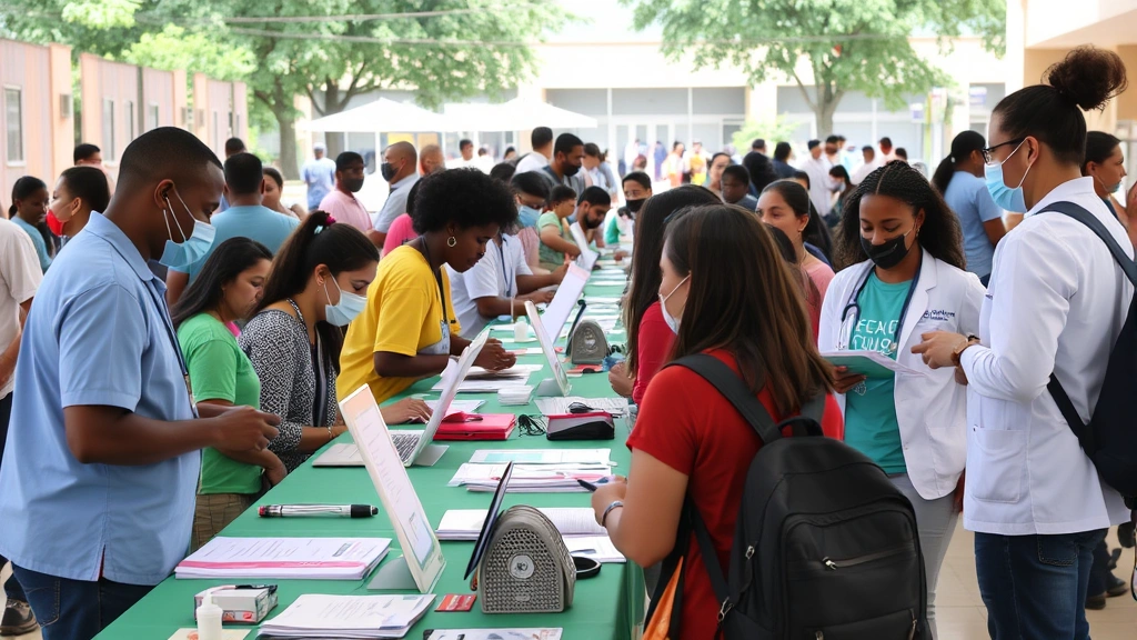 Community health fair or wellness event, diverse people receiving health screenings, educational booths, outdoor or community center setting, health professionals engaging with community members
