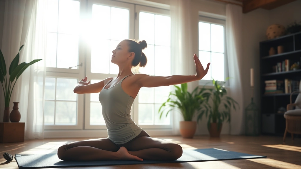 Woman practicing yoga meditation in peaceful home setting, sunlight streaming through windows, serene wellness lifestyle moment
