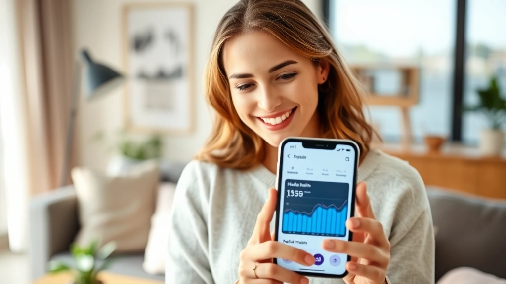 Woman smiling at smartphone showing medical app dashboard with health data visualization, modern living room background, natural daylight, wellness lifestyle aesthetic
